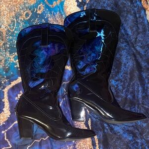Women's Black and Blue Patent Leather Boots